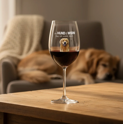 Copa de vino personalizada con motivo de perro y texto, llena de vino tinto sobre una mesa de madera.
