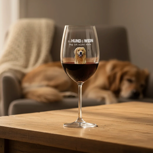 Copa de vino personalizada con motivo de perro y texto, llena de vino tinto sobre una mesa de madera.