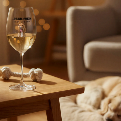 Copa de vino personalizada con texto y motivo de perro, sobre una mesa de madera con juguetes.