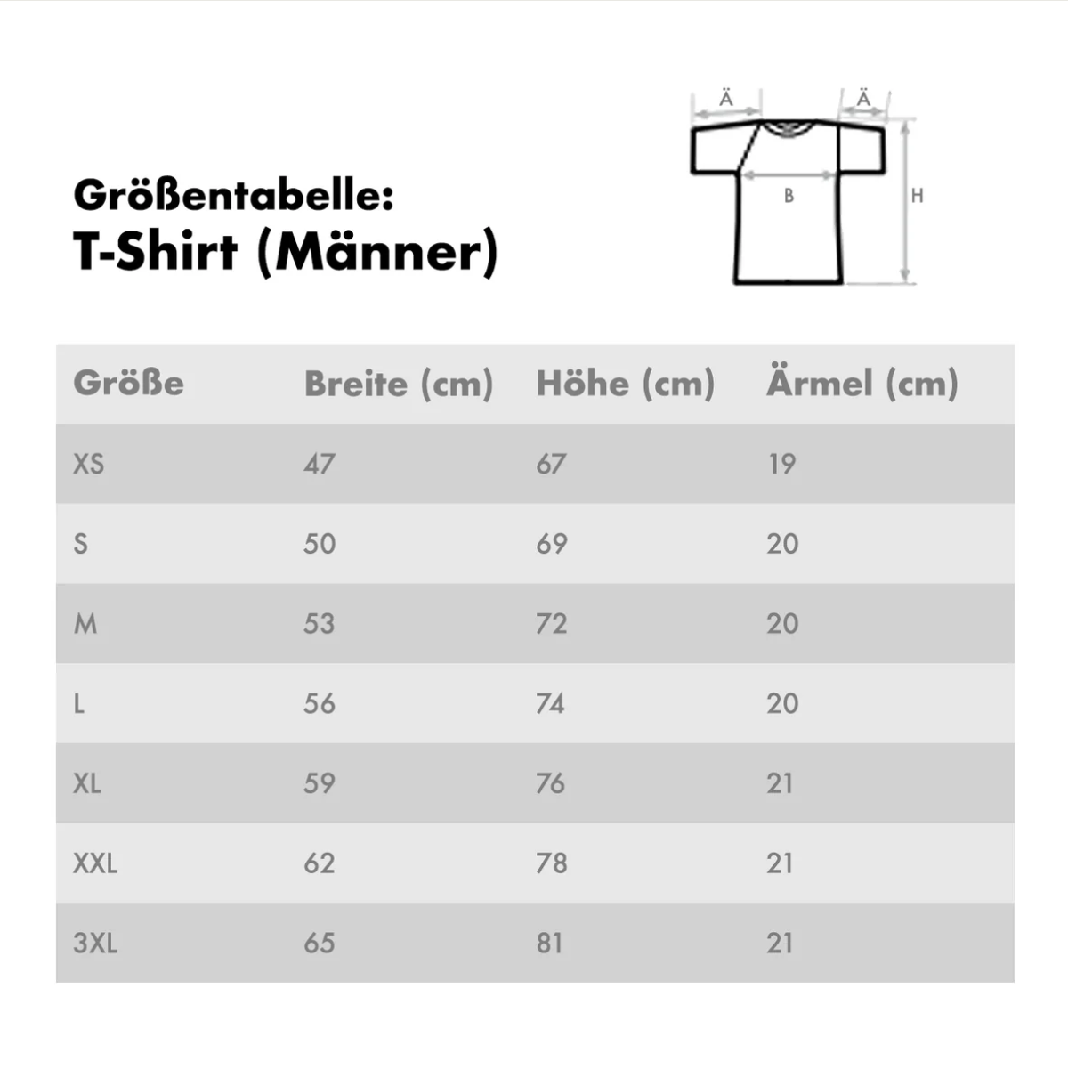 Tabla de tallas para camisetas personalizadas de hombre con medidas en cm.