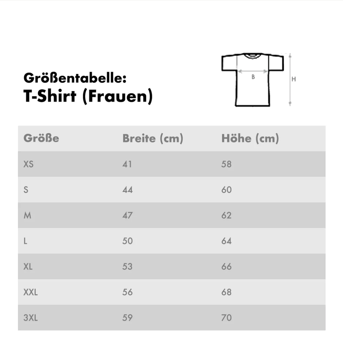 Tabla de tallas para camisetas de mujer con medidas de ancho y largo.