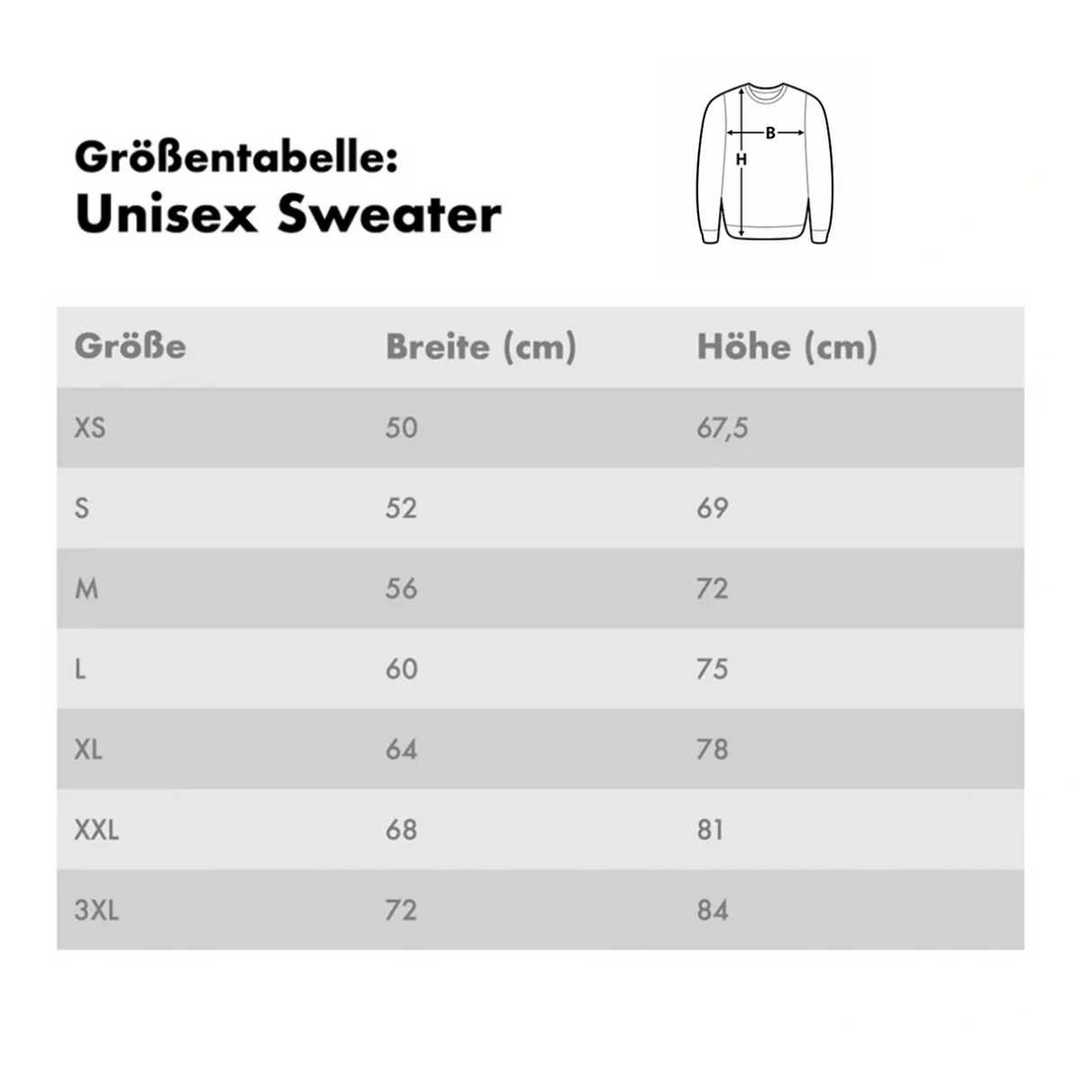 Tabla de tallas para sudaderas unisex con medidas en cm de XS a 3XL.
