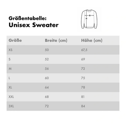 Tabla de tallas para sudaderas unisex con medidas en cm de XS a 3XL.