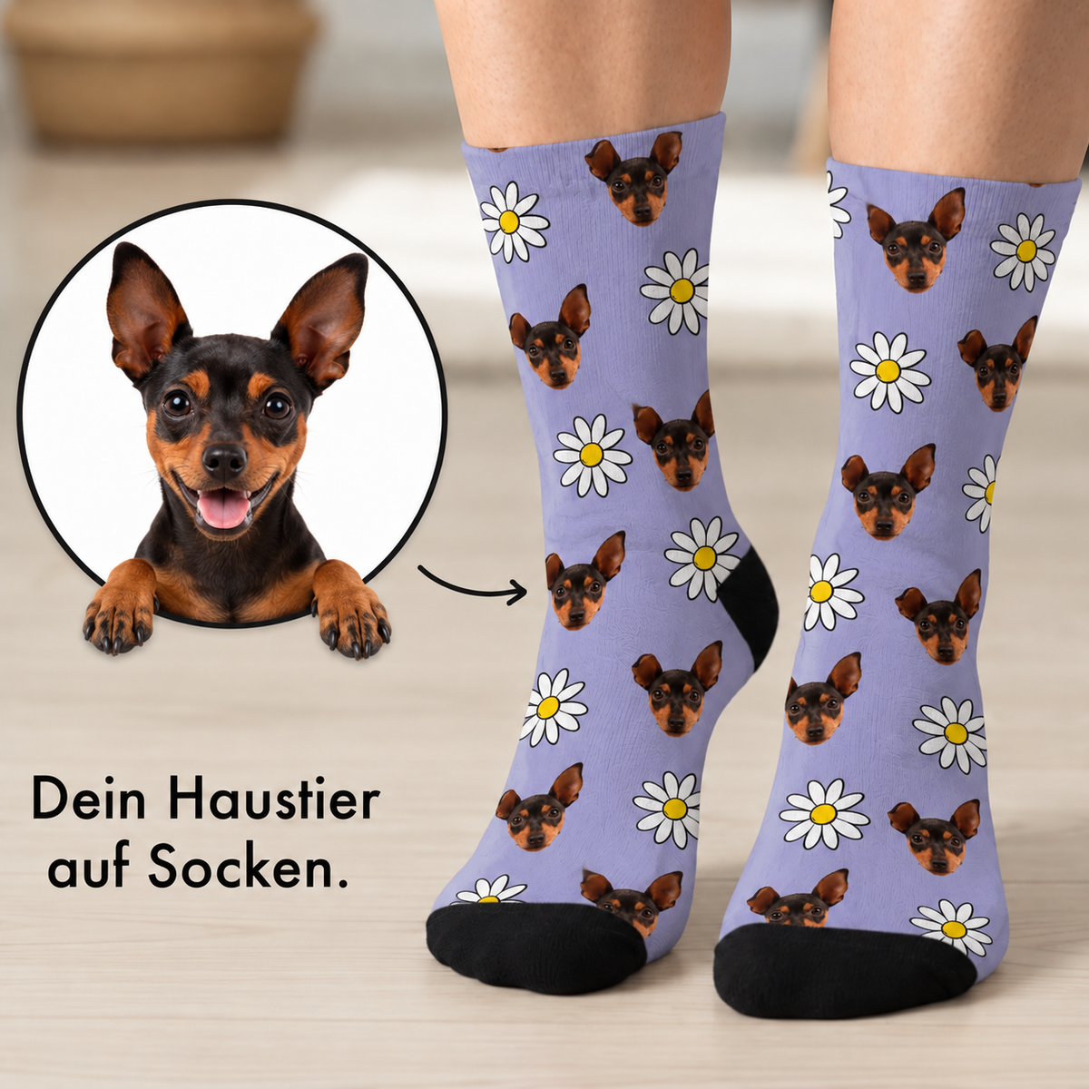 Calcetines personalizados con fondo lila, estampados con caras de perros y flores.