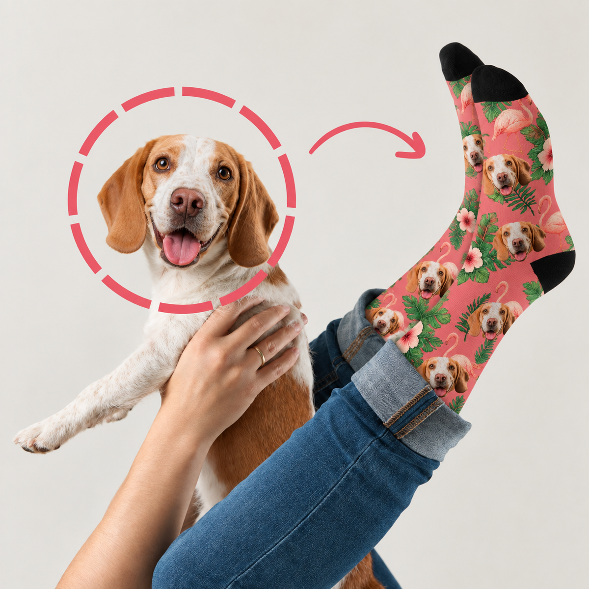 Calcetines personalizados con colorido diseño de ave del paraíso, fondo rosa y motivos de perros. Mezcla de algodón.