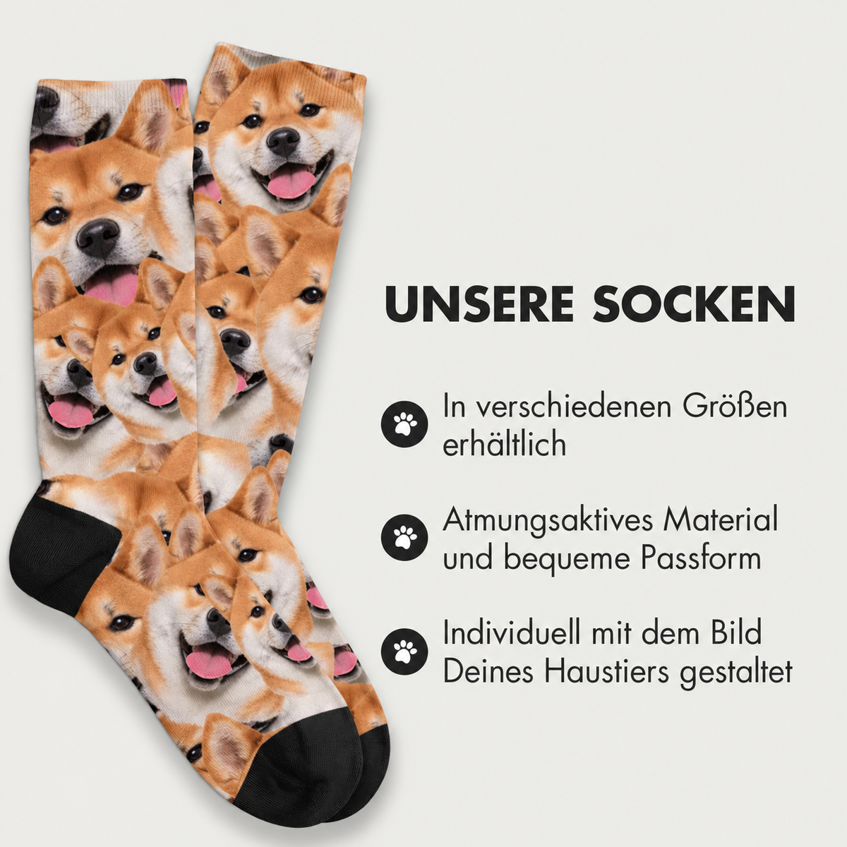Calcetines personalizados con estampado fotográfico de shiba inu, material transpirable, puntera negra.