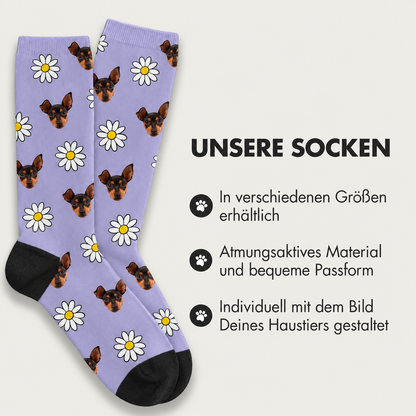 Calcetines lila con motivos de perros y estampado floral, transpirables y disponibles en varias tallas.