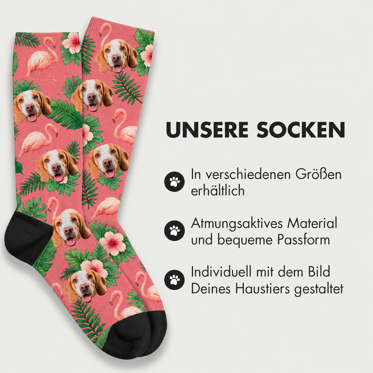 Calcetines personalizados con colorido motivo de aves y mascotas sobre fondo rosa, de material transpirable.