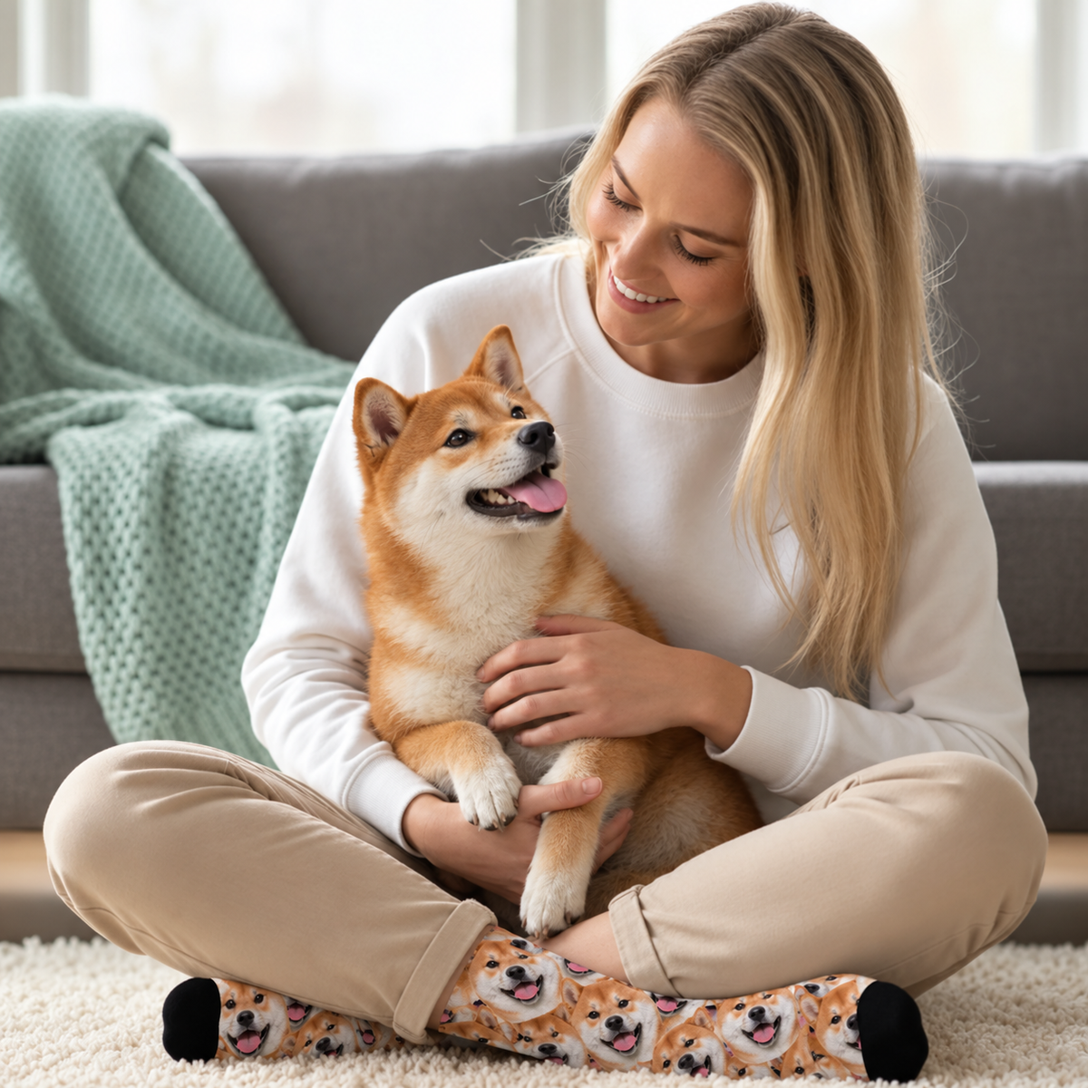 Calcetines personalizados con estampado fotográfico llamativo, representación detallada de un shiba inu.
