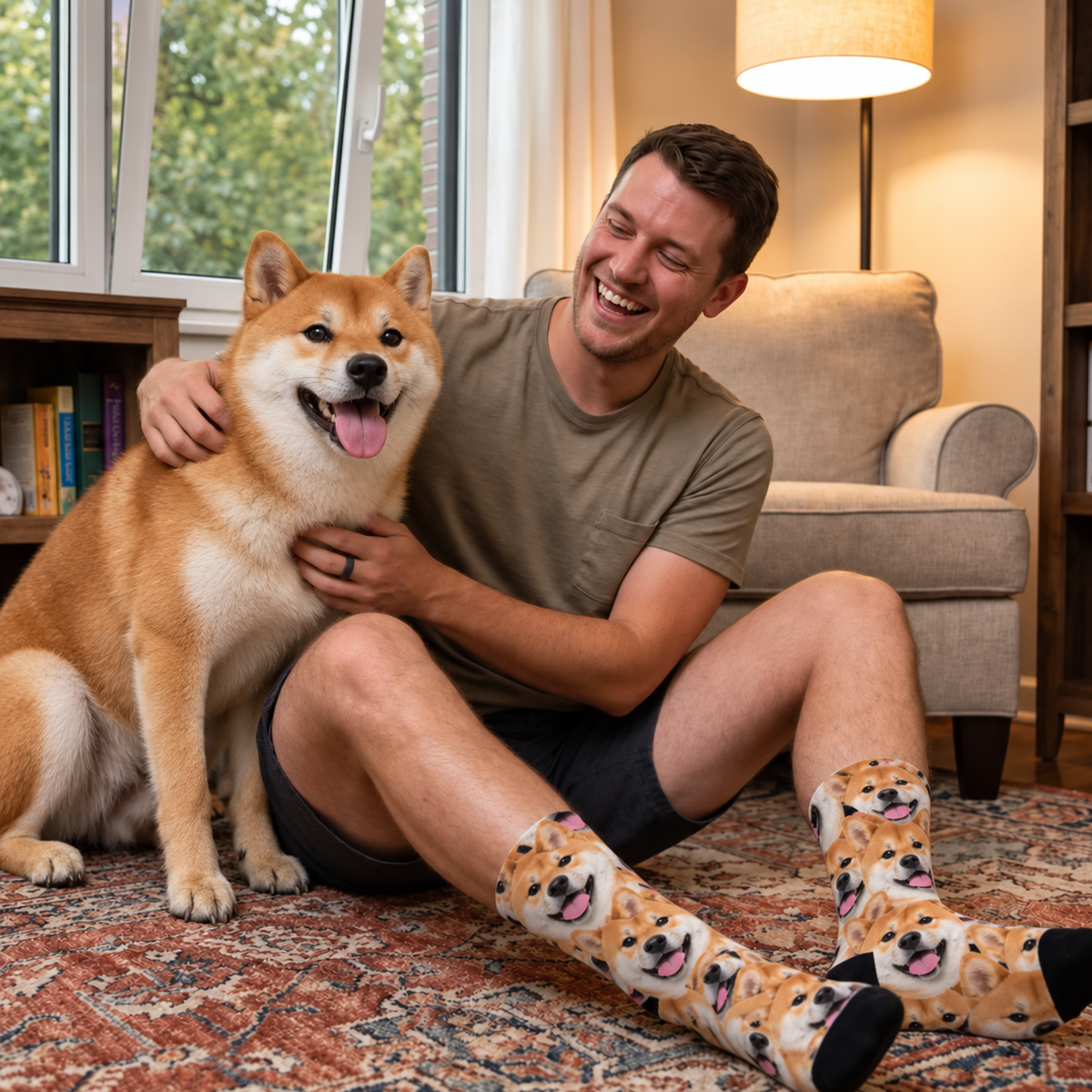 Calcetines personalizados con estampado fotográfico de shiba inu, coloridos y de material de alta calidad.