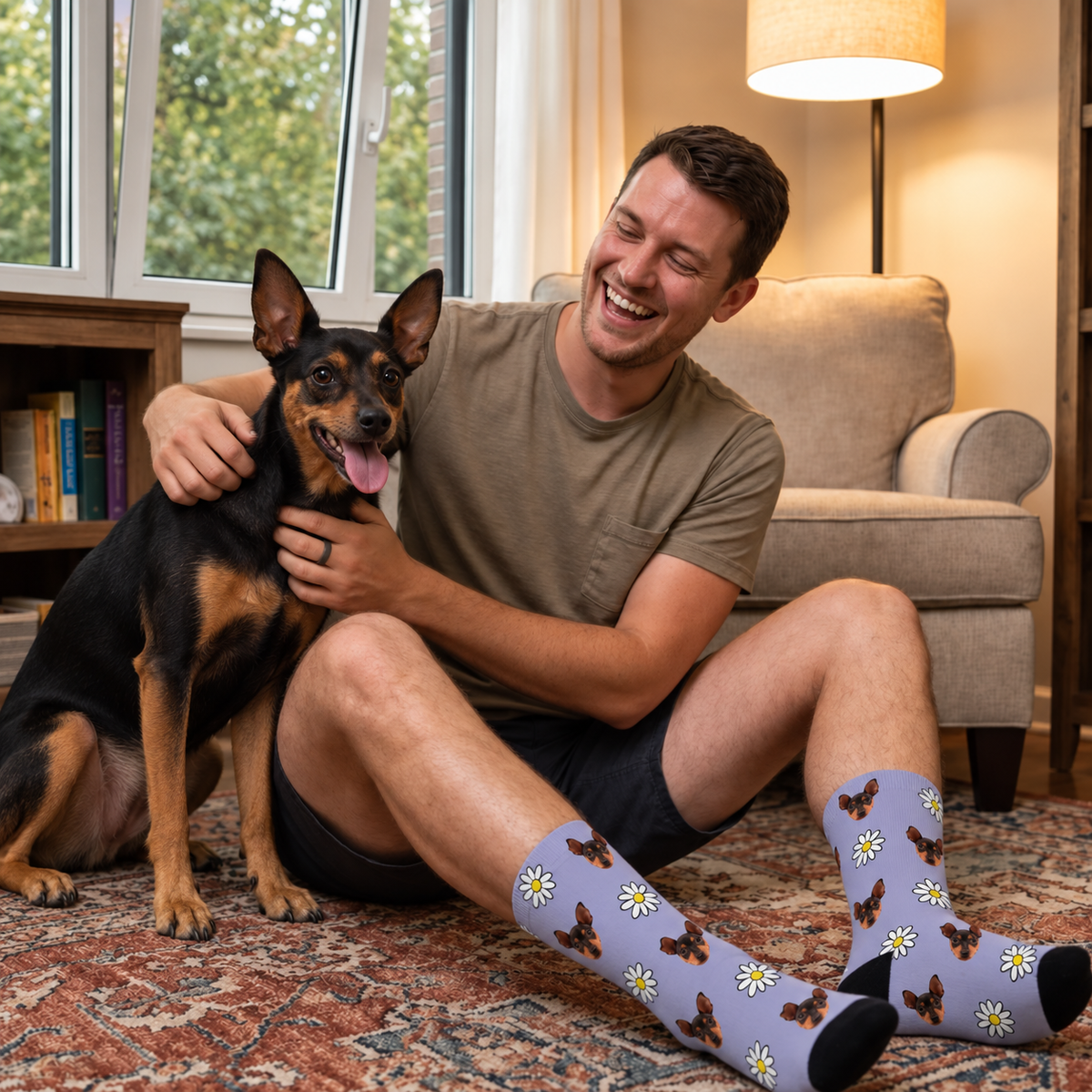 Calcetines personalizados lila con estampado de flores y perros, llevados por una persona con un perro, vista lateral.