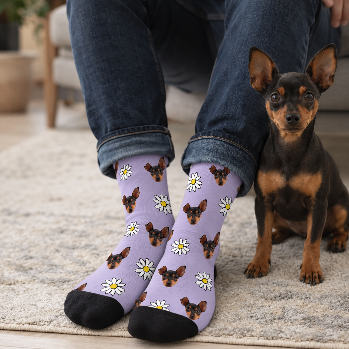Calcetines personalizados con fondo lila, estampado de perros y flores blancas. Cómodos, con puntera negra.