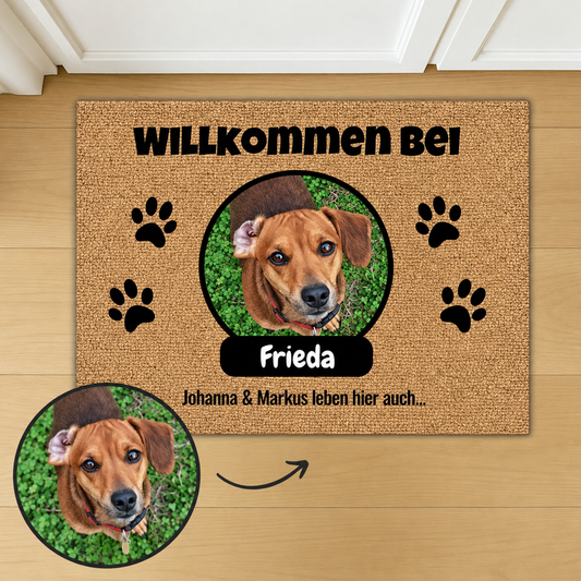 Felpudo de coco personalizado con el nombre Frieda y fotos de perros. Marrón, marco ovalado.