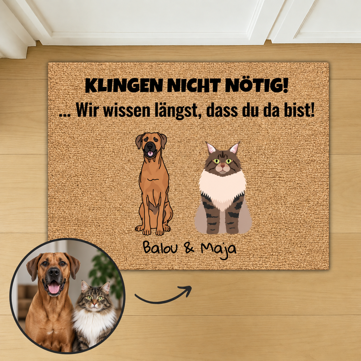 Felpudo de coco personalizado con dibujos de perro y gato, texto: "Klingeln nicht nötig!"