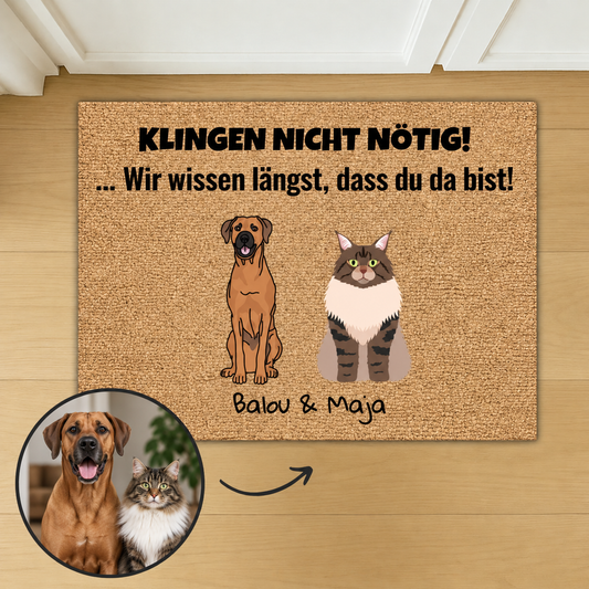 Felpudo de coco personalizado con dibujos de perro y gato, texto: "Klingeln nicht nötig!"