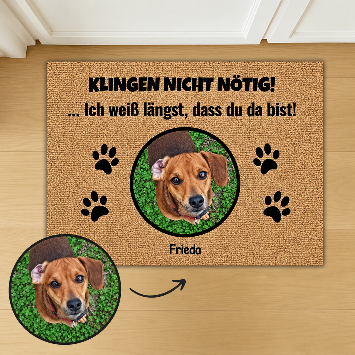 Felpudo personalizado con foto de un perro y el texto "KLINGEN NICHT NÖTIG!" en negro.
