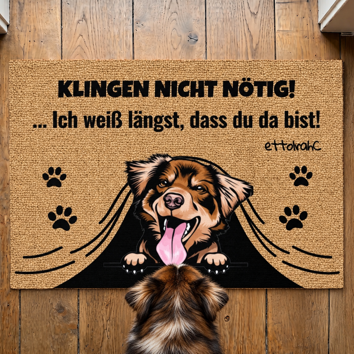 Felpudo de fibra de coco personalizado con motivo de perro y el texto "Klingeln nicht nötig!" en negro.