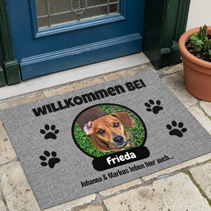Felpudo gris personalizado con foto y placa con nombre, motivo de perro y huellas.