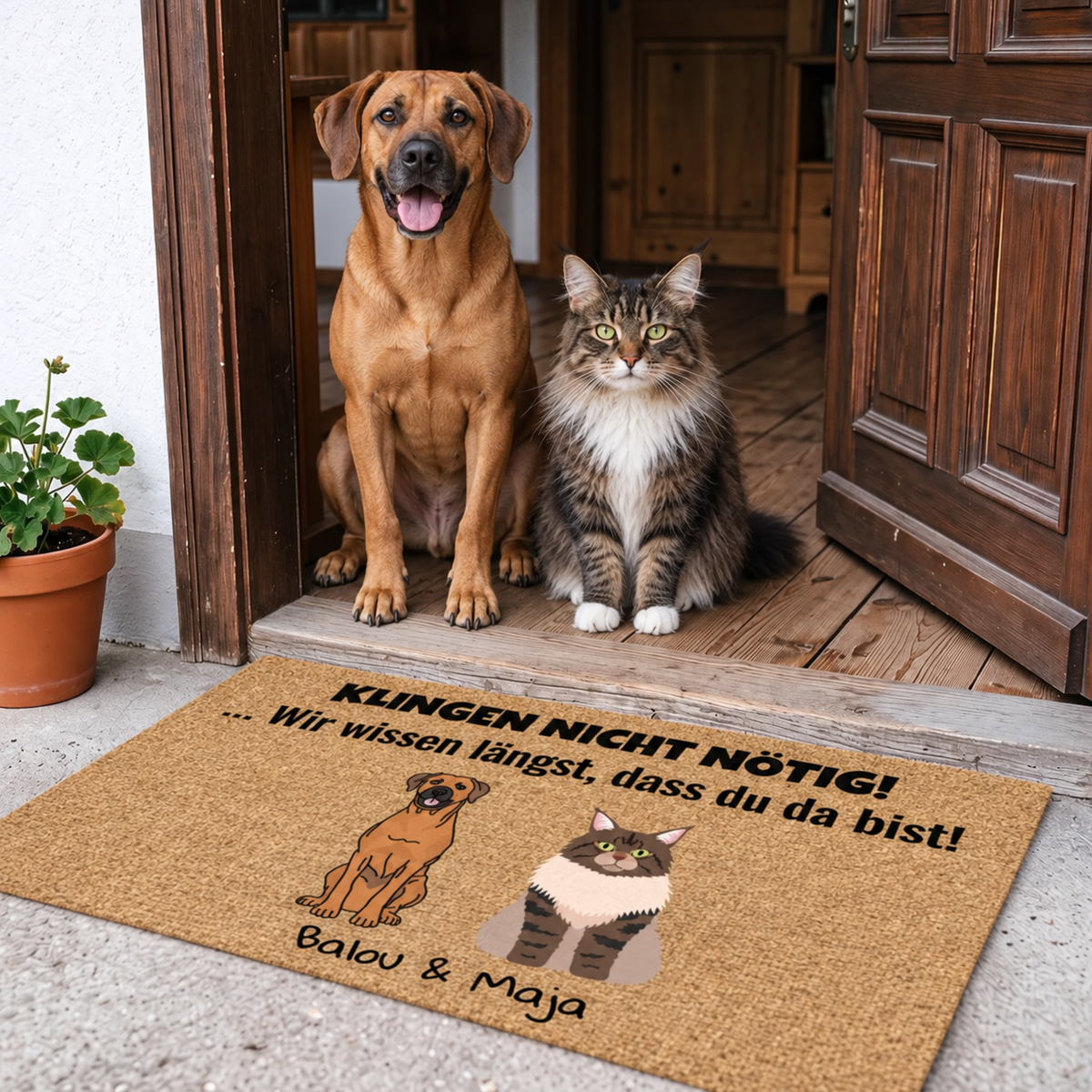 Felpudo con gráfico colorido de un perro y un gato, beige con texto negro.
