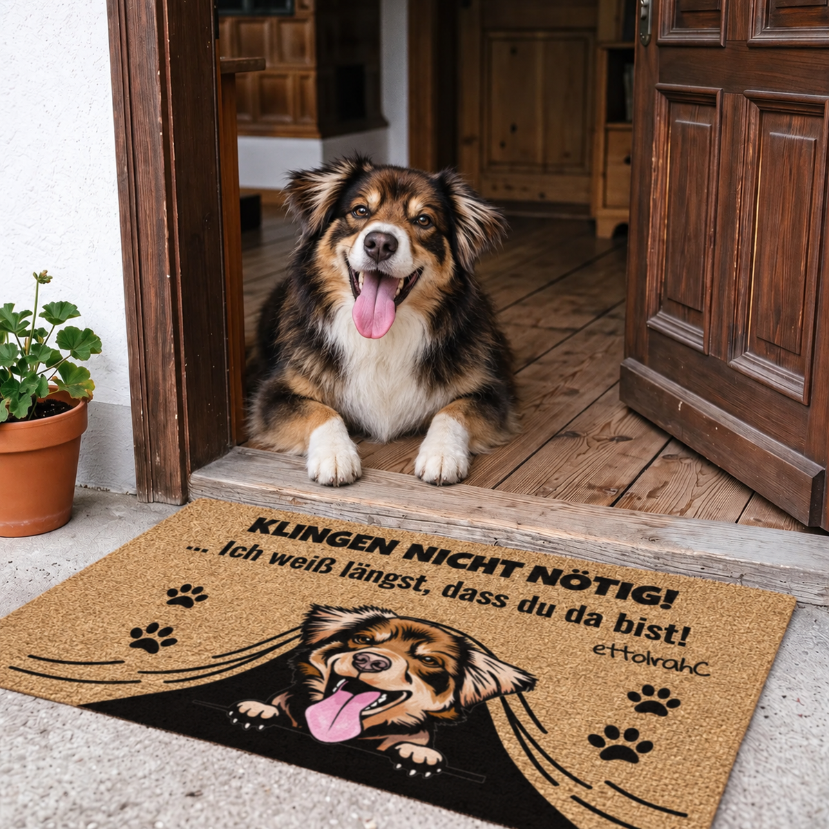 Felpudo de fibra de coco personalizado con diseño de perro y el texto "Klingeln nicht nötig!"