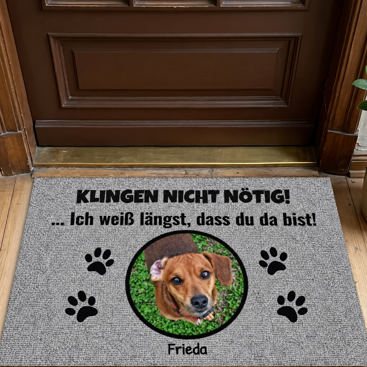 Felpudo gris personalizado con foto de perro y los textos "Klingeln nicht nötig!" y "Frieda".