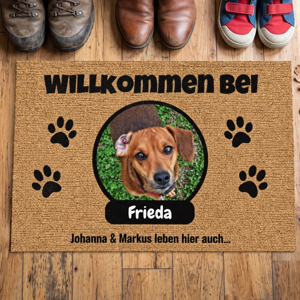 Felpudo de yute personalizado con foto de perro y nombre, marrón con texto negro y huellas.