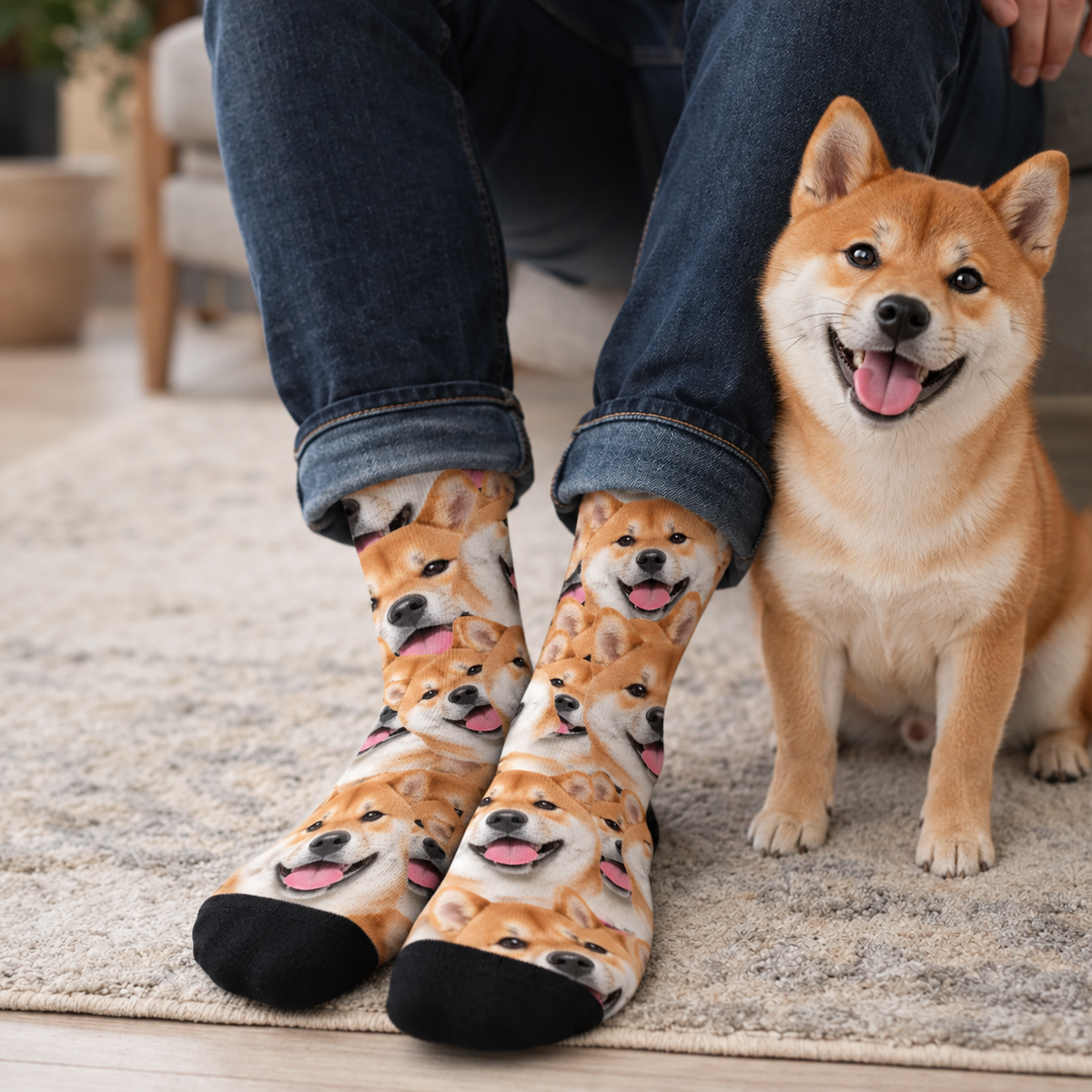 Calcetines personalizados con llamativo estampado fotográfico de shiba inu en colores vivos, llevados por una persona.