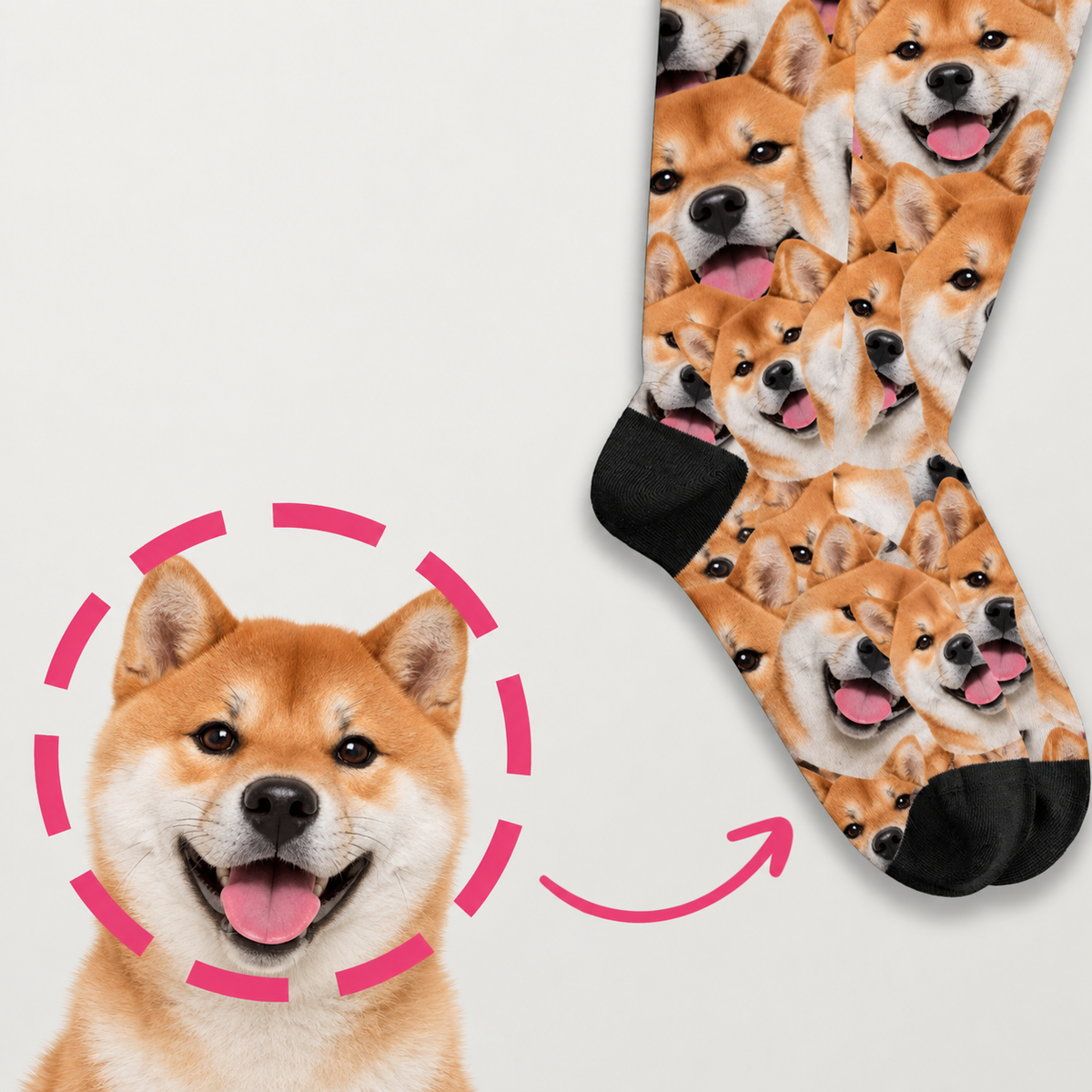 Calcetines con colorido estampado fotográfico de perros, pie acanalado negro y suela negra.