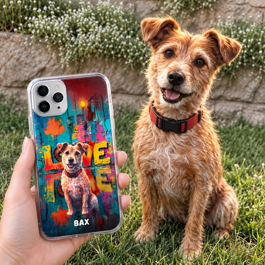 Funda de móvil de plástico personalizada con colorido diseño street art y motivo de perro.