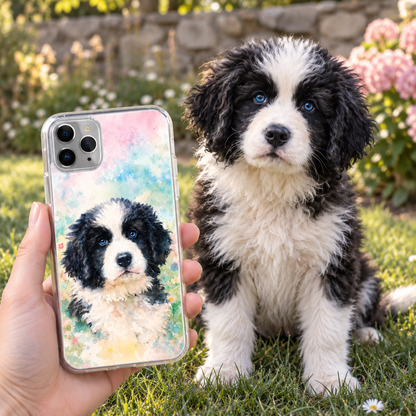 Funda de móvil transparente con motivo de perro en acuarela, sostenida por una persona al aire libre.