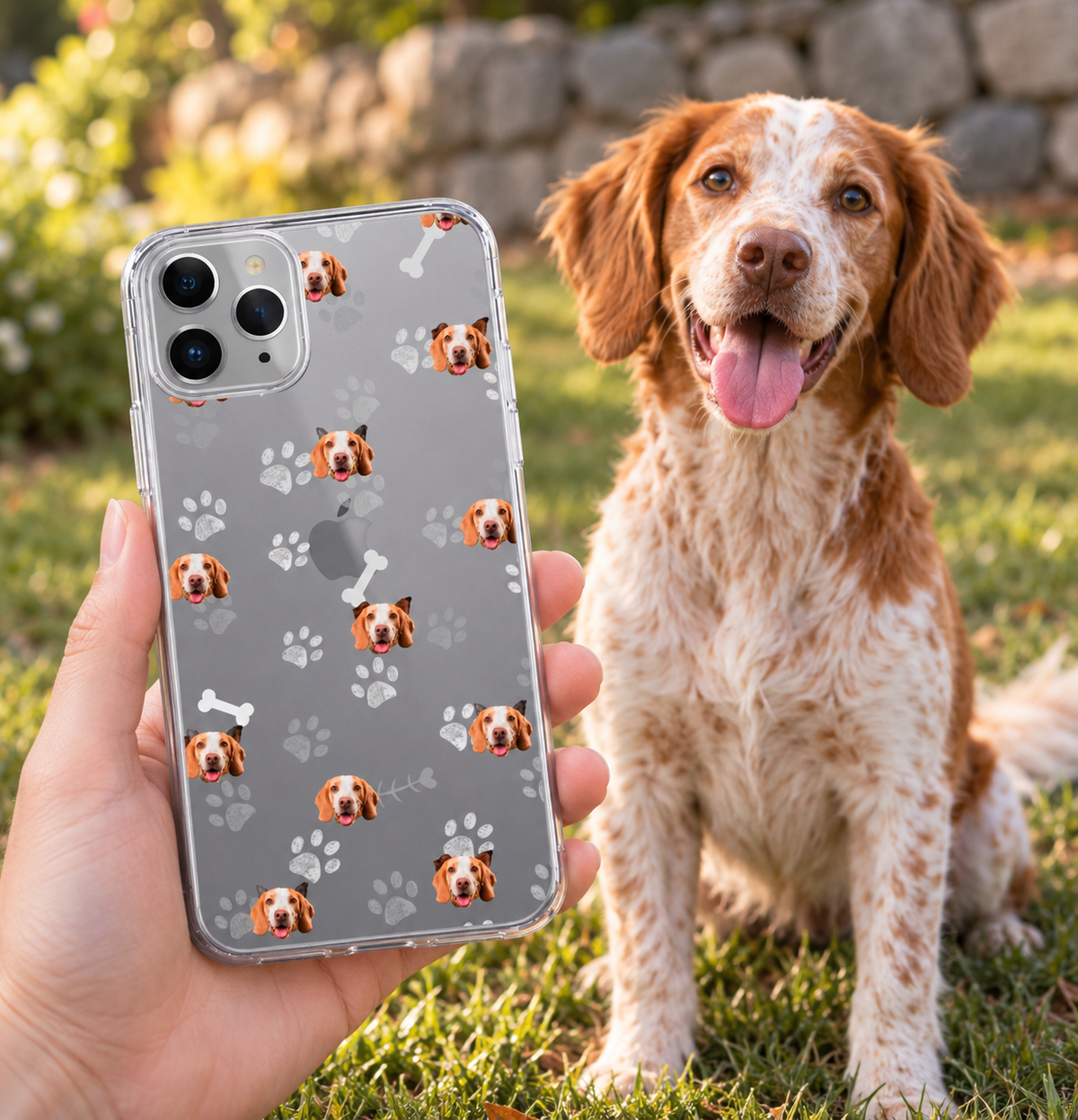 Funda de móvil personalizada con caras de perros y huesos sobre fondo gris.