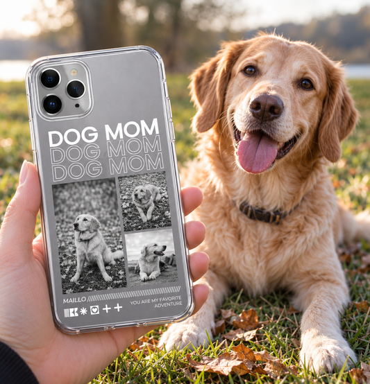 Funda de móvil transparente personalizada con "Dog Mom" y fotos de un perro.