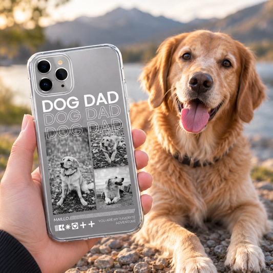 Funda de móvil personalizada con el texto "Dog Dad" y fotos de un perro en blanco y negro.