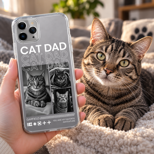 Funda de móvil personalizada con fotos de gatos y el texto "Cat Dad". Material transparente.
