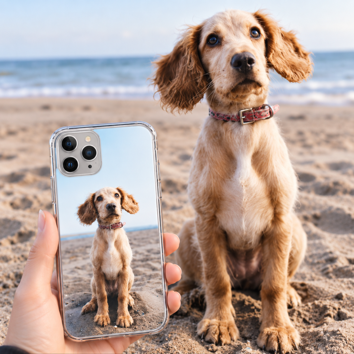 Funda de móvil transparente personalizada con foto de un perro, en la playa.