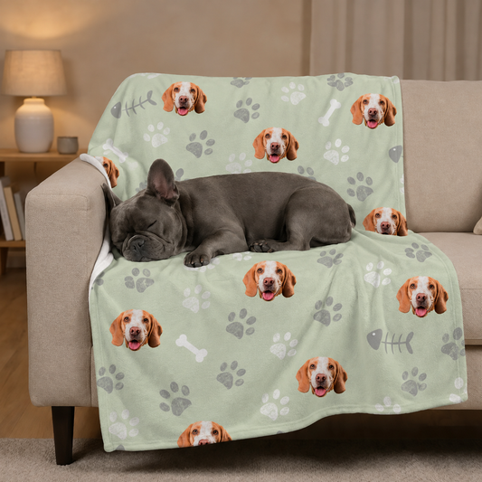 Manta para mascotas con fondo verde menta, estampada con perros y huellas, sobre un sofá.