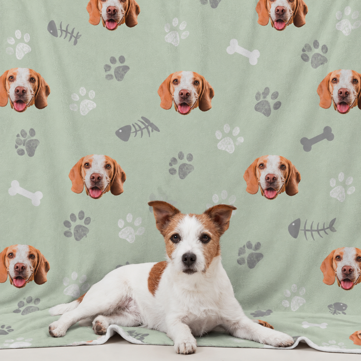 Manta para mascotas con fondo verde y motivos de perros, un animal de pelo claro tumbado delante.