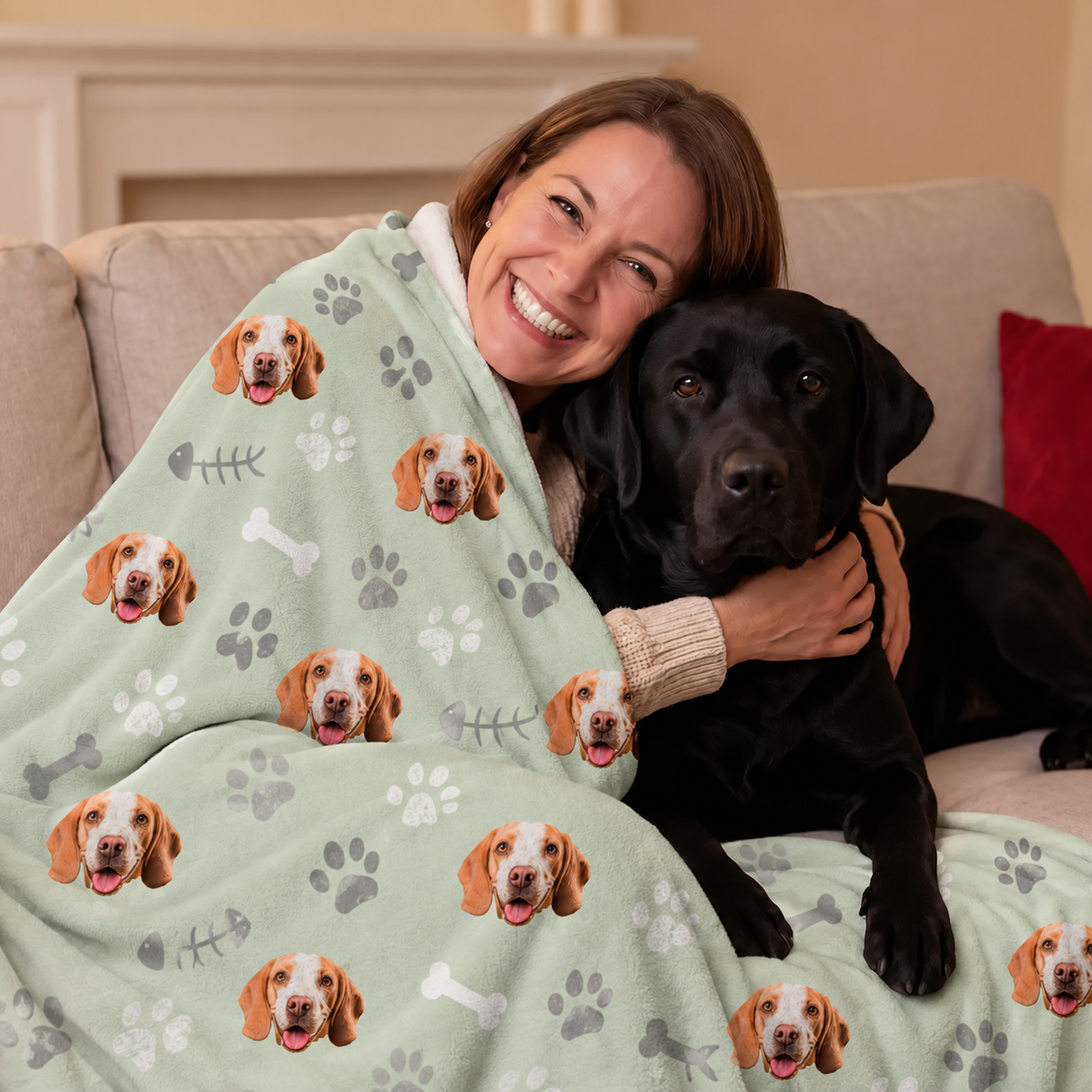 Manta para mascotas verde menta personalizada con motivos de perros, mujer abrazando a un perro negro en un sofá.