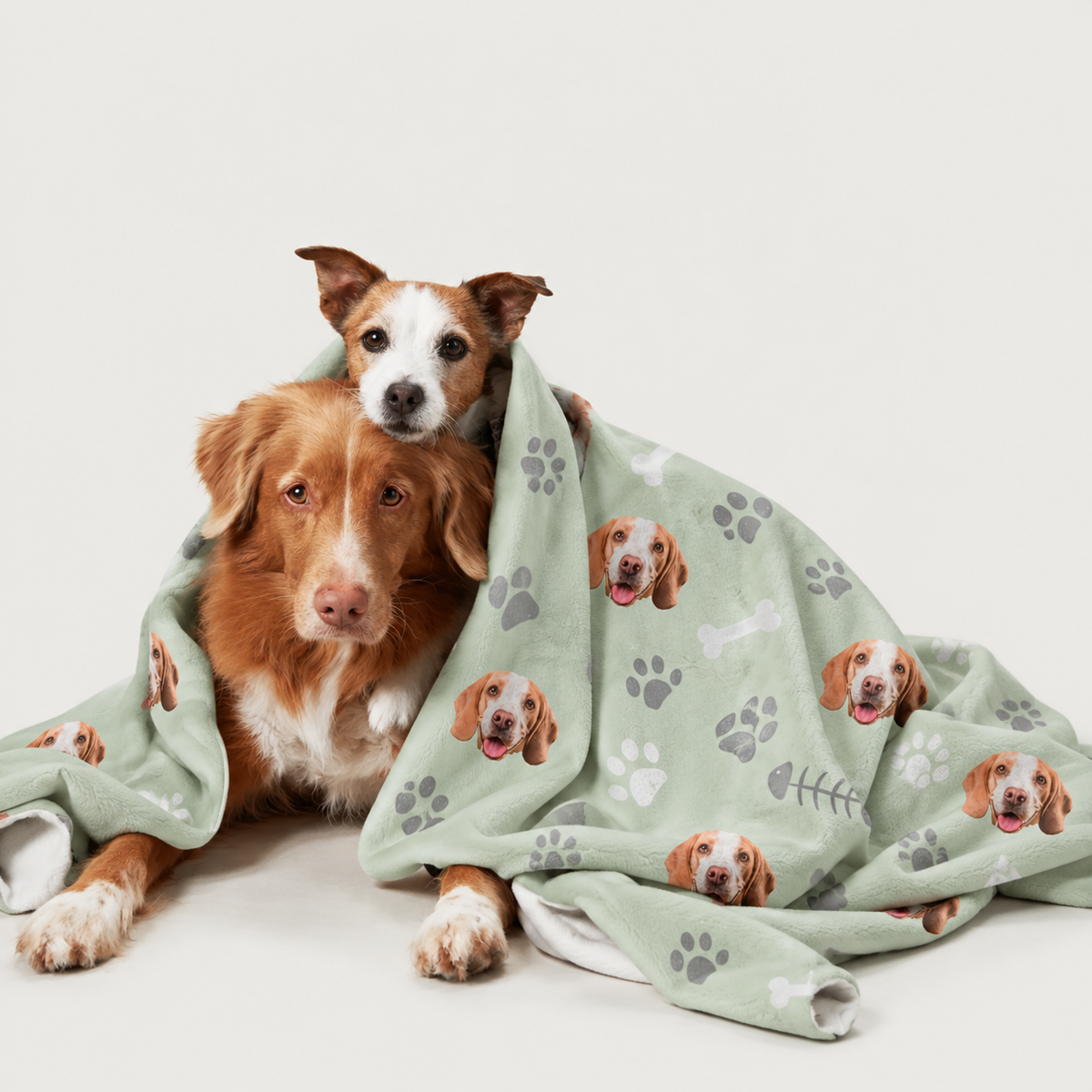 Manta para mascotas verde menta con motivos de perros, dos perros acurrucados en ella.