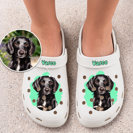 Zuecos blancos personalizados con retrato de un perro y el nombre "Vasco".