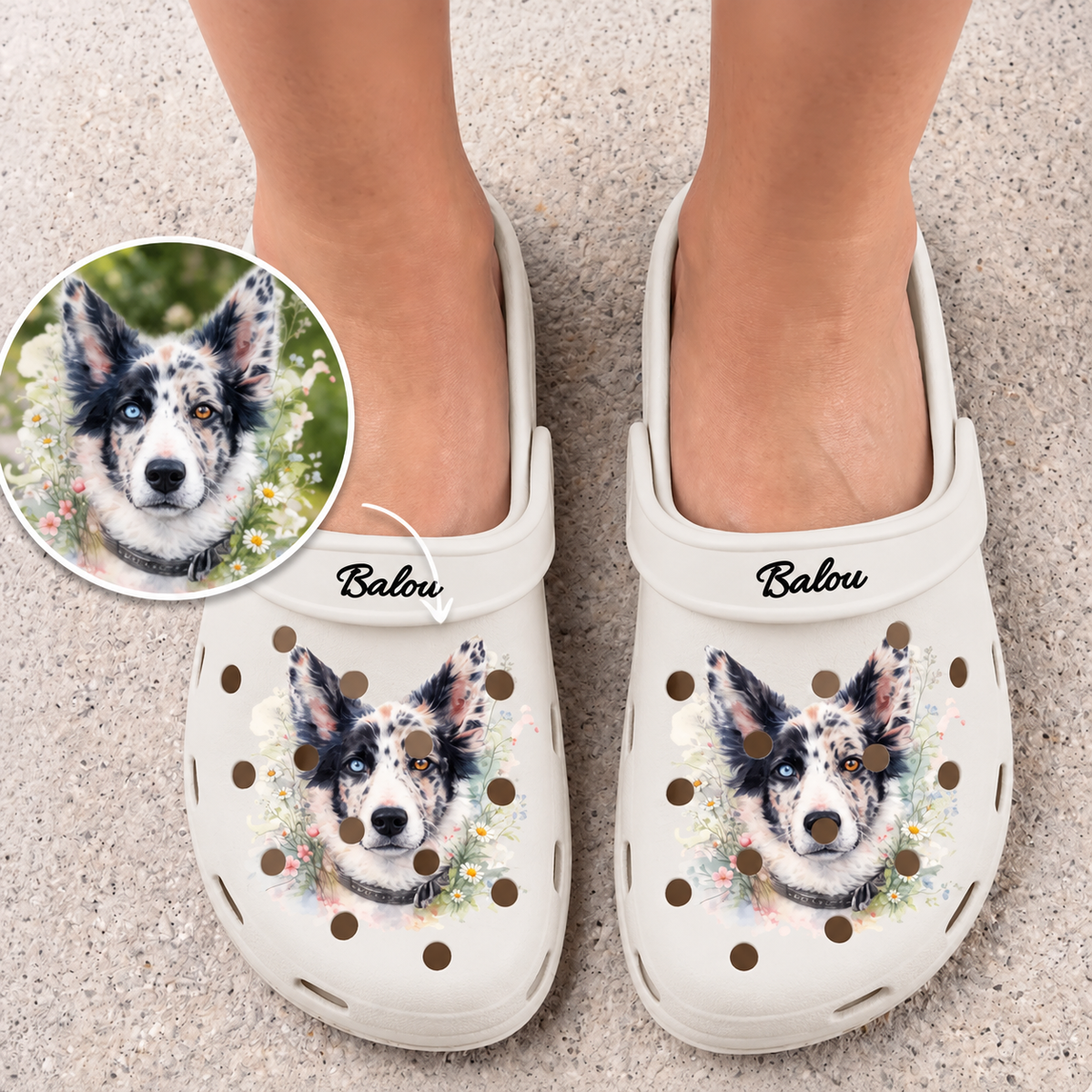 Zuecos color crema personalizados con estampado en acuarela de un perro y el nombre "Balou".
