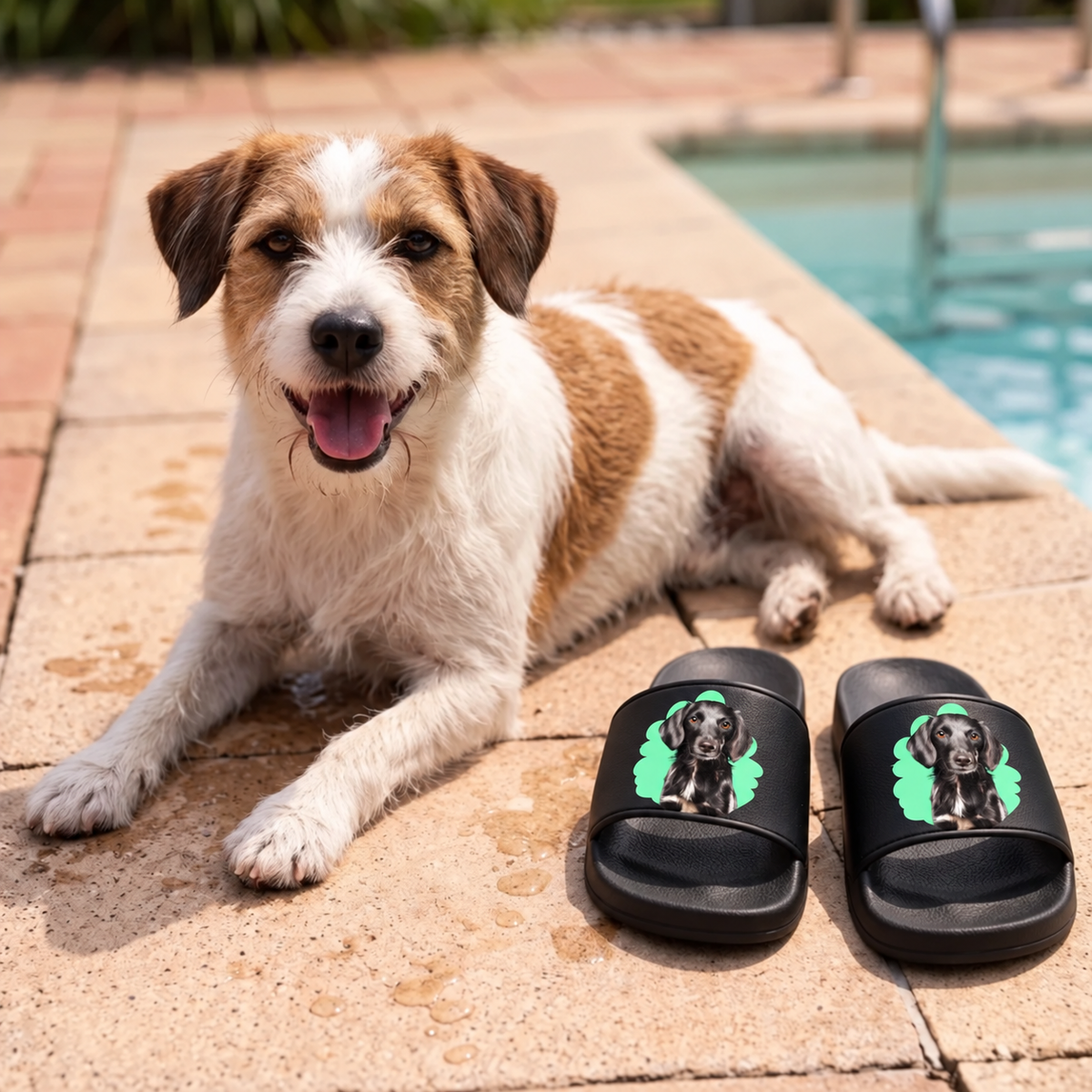 Chanclas negras personalizadas con retrato de mascota, junto a un perro en la piscina.