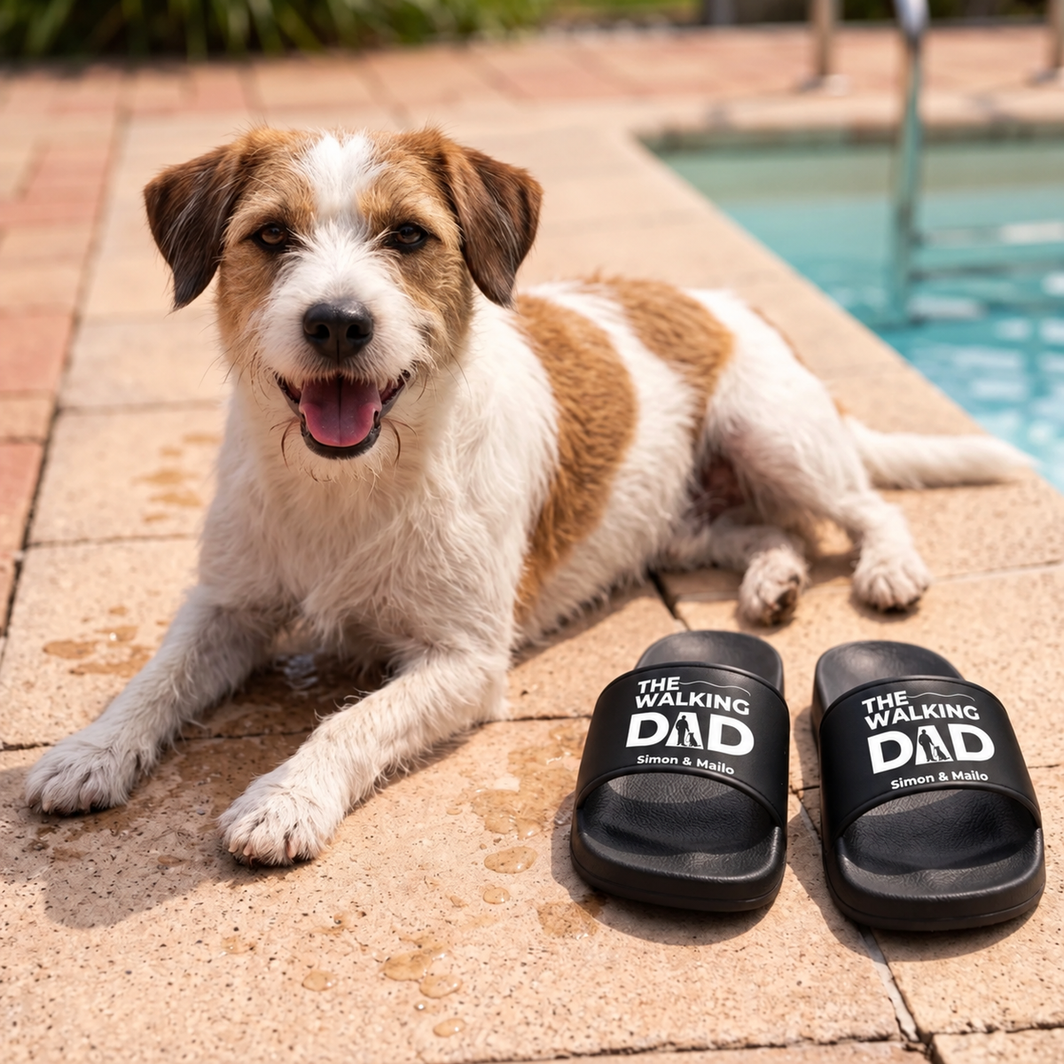 Chanclas negras personalizadas con estampado "THE WALKING DAD" junto a un perro en la piscina.