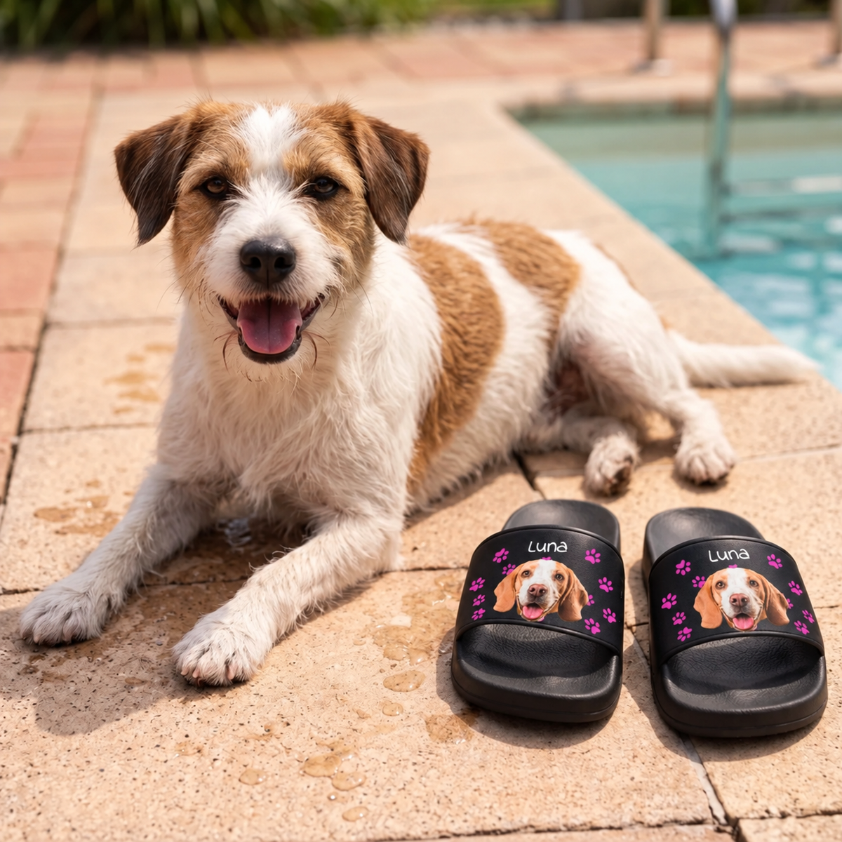 Chanclas personalizadas con motivo de perro y nombre, suela negra, junto a la piscina al lado de un perro.