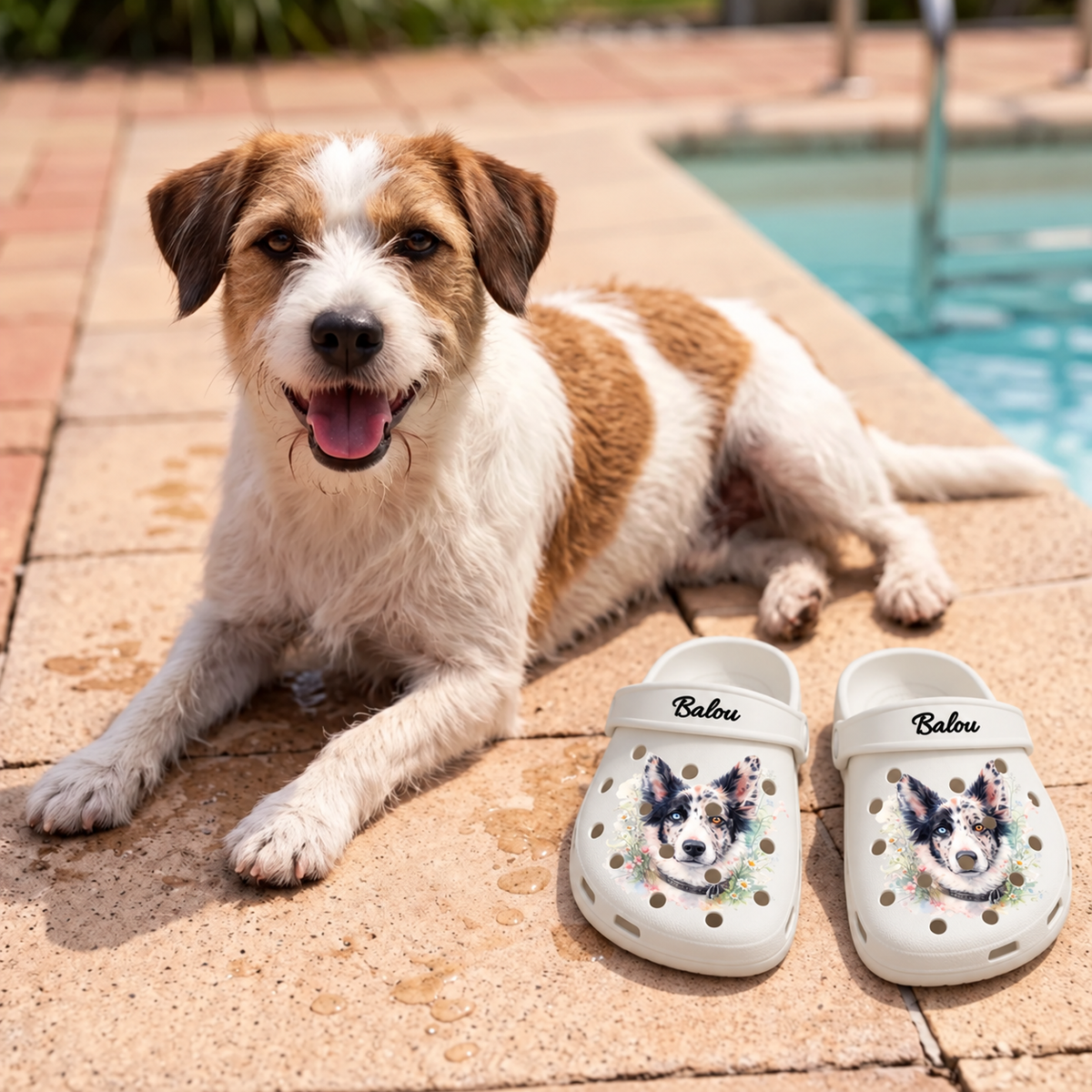Zuecos blancos personalizados con estampado en acuarela de un perro y el nombre Balou, sobre el suelo.