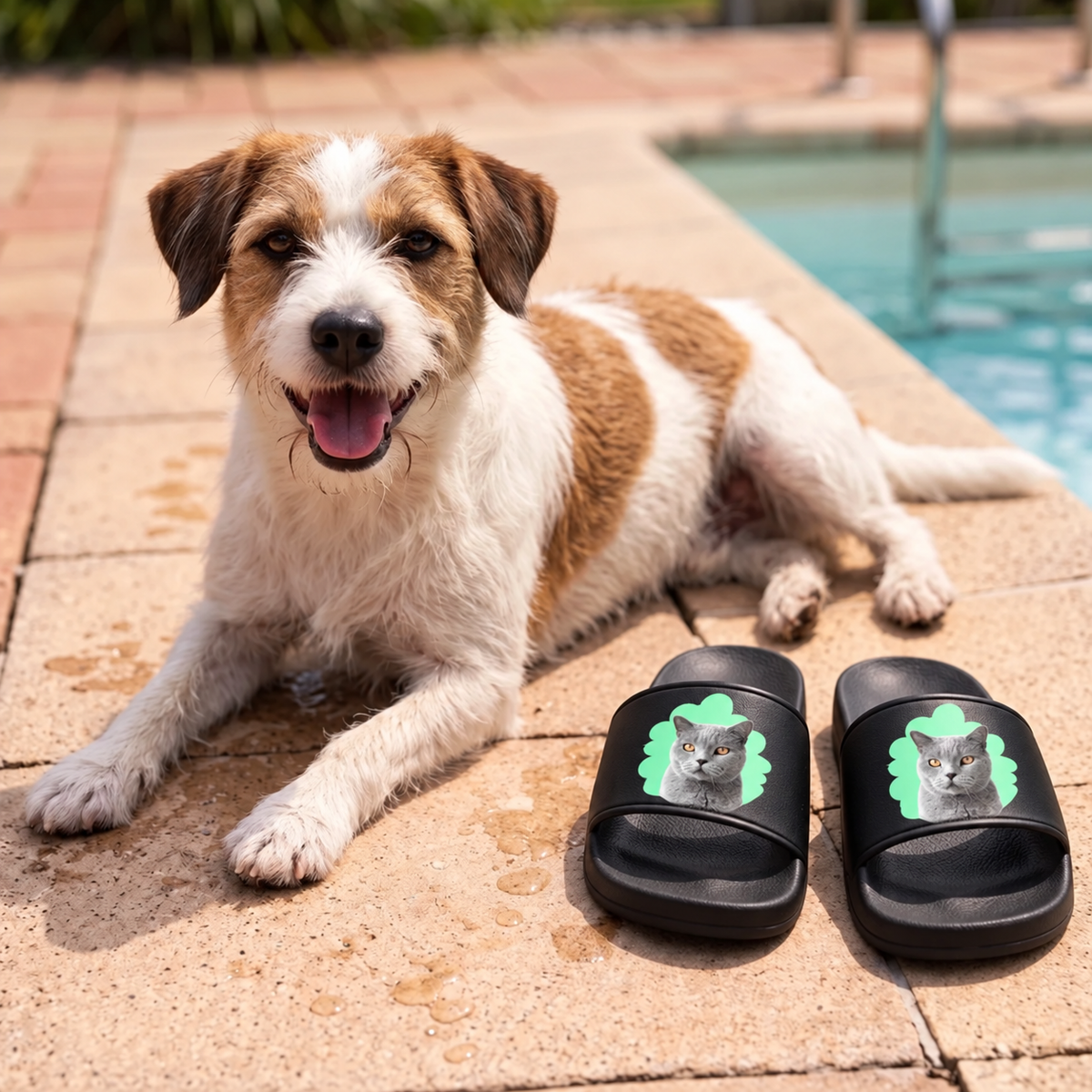 Chanclas negras con retrato de gato en la tira, junto a un perro en el borde de la piscina.