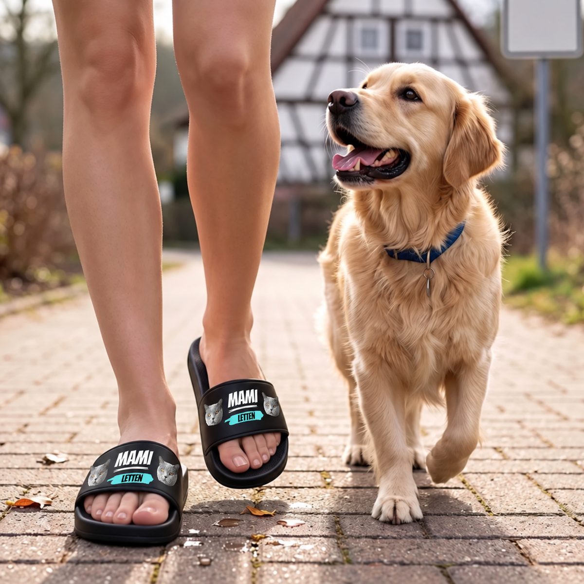 Chanclas negras personalizadas con la inscripción "MAMI" y motivos de animales, llevadas por una persona en un camino.