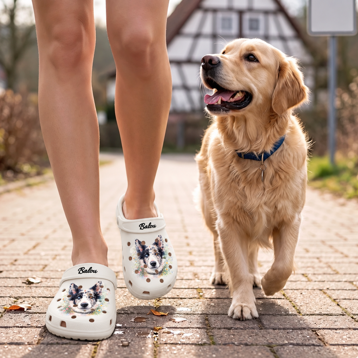 Persona con zuecos personalizados en tonos acuarela con motivos de animales paseando a un perro.