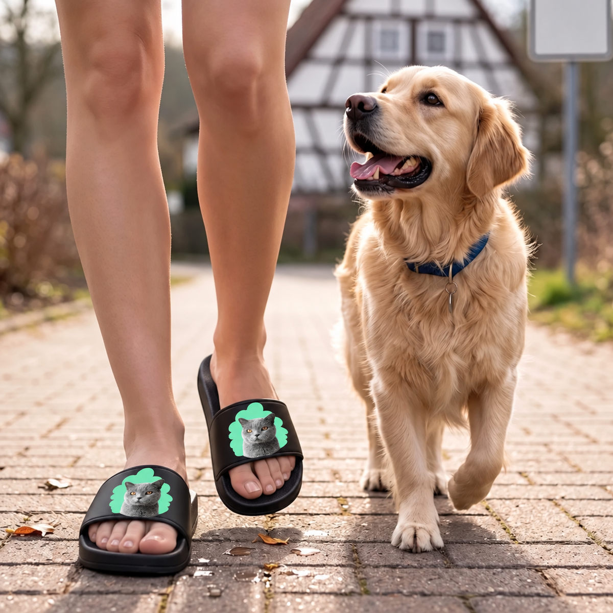 Chanclas negras personalizadas con retrato de gato, llevadas por una persona que pasea a un perro.