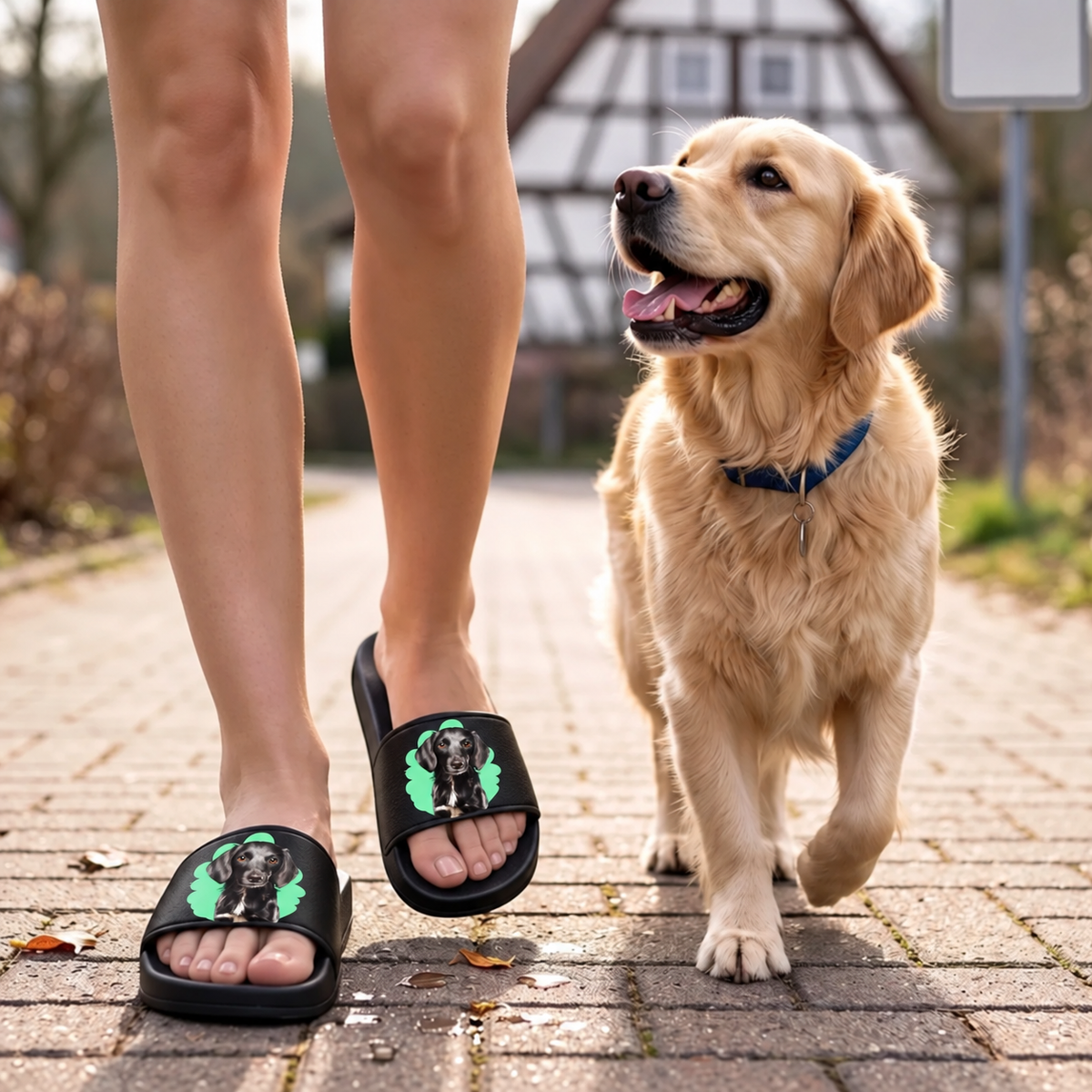 Chanclas negras personalizadas con retrato de mascota, usadas durante un paseo con el perro.